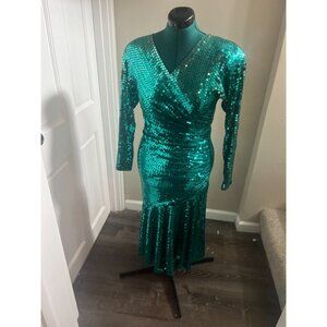 Vintage 1980s Aquamarine Sequin Formal Wrap Maxi Dress with Long Sleeves + Shoul
